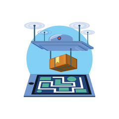 drone technology with box carton and paper map