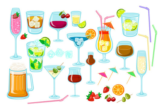 Set of coctails. classic Alcoholic drinks isolated on white background glass of champagne, margarita, brandy, whiskey with ice, cocktail, wine, vodka, tequila and cognac. Vector illustration
