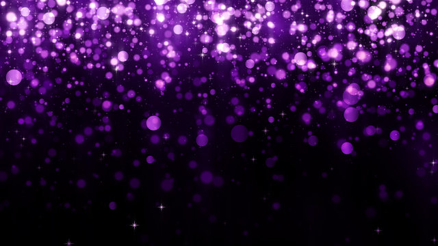 Luxury background with glitter falling purple particles. Beautiful holiday light background template for premium design. Falling shiny magic particle with light