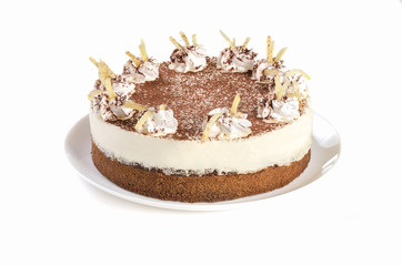 cake on a white plate isolated on white background