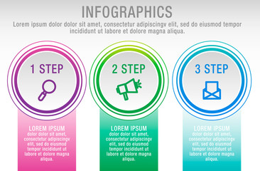 Modern vector illustration 3D. Infographic circles template with three elements, sectors, icons. Designed for business, presentations, web design, interface, workflow layout, diagrams with 3 steps