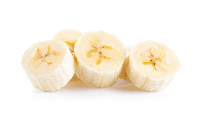 Peeled banana slices isolated on white background