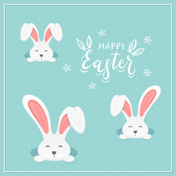 Lettering Happy Easter with Rabbits on Blue Background