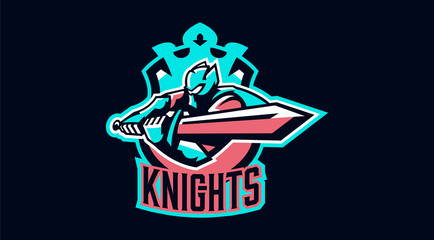 The emblem of a knight waving a sword. Paladin and his sword, a warrior in armor, a swordsman. Vector illustration