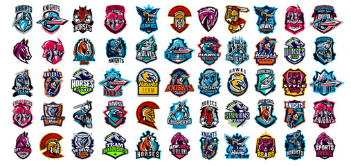 Collection of emblems of knights, warriors, animals. Soldiers, bears, horses, wolves, hawks and eagles. Knights on horseback, warriors with swords, Spartans, wild animals. Vector illustration