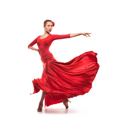 woman dancer wearing red dress - obrazy, fototapety, plakaty