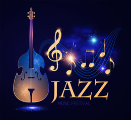 Jazz Concert. Music Design Element with Double Bass, Notes and Swirling Stave with Light Effects.