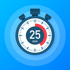 The 25 minutes, stopwatch vector icon. Stopwatch icon in flat style, timer on on color background.  Vector illustration.