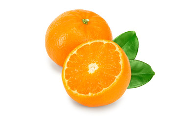 tangerine or mandarin fruit with leaves isolated on white background