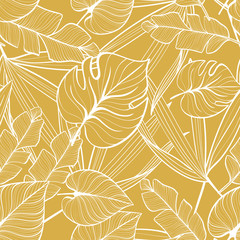 Seamless floral pattern with tropical leaves. Line drawing. Hand-drawn illustration.