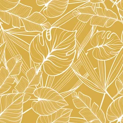 Behang Naadloos bloemenpatroon met tropische bladeren. Lijntekening. Handgetekende illustratie. © Elena