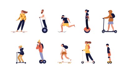 Collection of people riding skateboard, longboard and modern personal transporters - hoverboard or self-balancing board, electric unicycle, motorized kick scooter. Flat cartoon vector illustration.