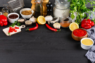 Color vegetables arranged on the dark background, copy space for text in the middle, top view...