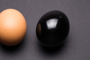 Black and brown egg on a gray background close-up