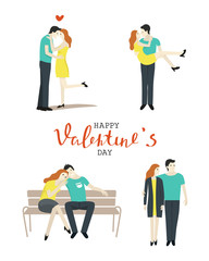 Couples in love set. People hugging and kissing on white background - romantic vector flat style illustrations for valentines day cards