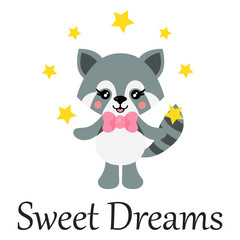 cartoon cute raccoon with tie and cartoon stars and text