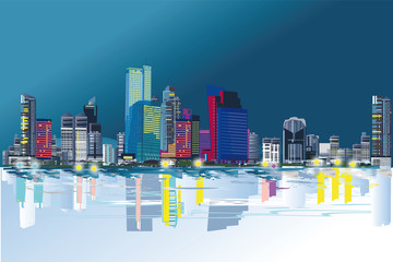 Series of colorful abstract street views in the city. Hand drawn vector architectural background with skyscrapers.