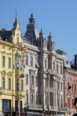 Fototapeta na wymiar Facade of the old city buildings on Ban Jelacic Square in Zagreb, Croatia 