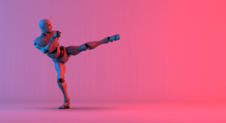 Fototapeta na wymiar Robot wireframe kick on gradient red violet background