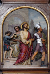 1st Stations of the Cross, Jesus is condemned to death, Basilica of the Sacred Heart of Jesus in Zagreb, Croatia