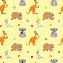 Seamless pattern with cute cartoon australian animals. Kangaroo, koala bear, parrot cockatoo, wombat. Vector illustration in childrens style.