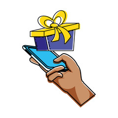 hand using smartphone with gift box