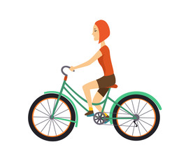 Fototapeta na wymiar Cool vector character design on adult young woman riding bicycles. Stylish short hair female hipsters on bicycle, side view, isolated.