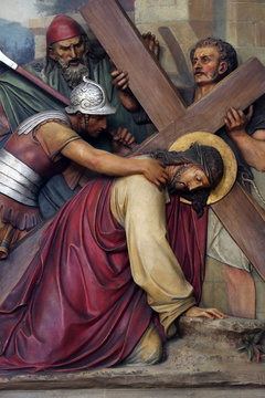 3rd Stations of the Cross, Jesus falls the first time, Basilica of the Sacred Heart of Jesus in Zagreb, Croatia