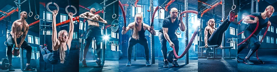 Foto op Canvas Collage about man with battle rope and woman in the fitness gym. The gym, sport, rope, training, athlete, workout, exercises concept © master1305