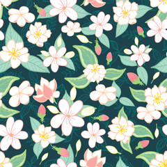 Vector of seamless pattern with beautiful jasmine blooming on green background. Design for textile, fabric, wallpaper, wrapping paper, scrap book and packaging.
