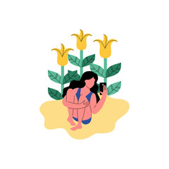 A woman on the beach uses a smartphone. Vector illustration.