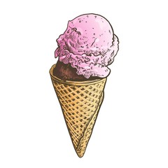 Hand drawn strawberry ice cream in cone sketch, pen and ink vintage etching illustration. Colorful engraving, isolated on white background.