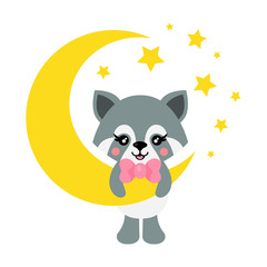cartoon cute raccoon with tie on the moon