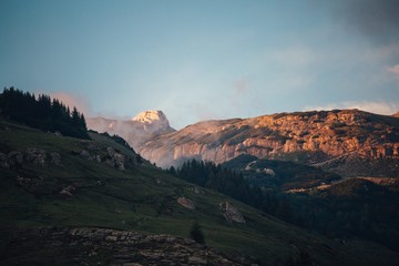 Sunset in Bucegi Mountains with beautiful blue sky