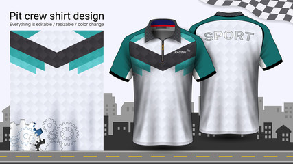 Polo t-shirt with zipper, Racing uniforms mockup template for Active wear and Sports clothing, such as, Racing apparel, Karting, Pit crew, Mechanic overalls, Everything is editable and Color change.