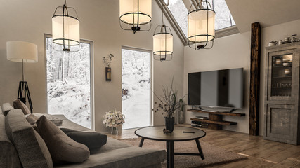 Gemütliches helles Wohnzimmer mit tollen Deckenleuchten