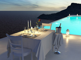 3D rendering of pool villa with champagne. valentines day