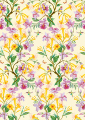 Exotic flowers, birds and butterflies. Seamless background pattern version 4