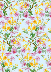 Exotic flowers, birds and butterflies. Seamless background pattern version 3