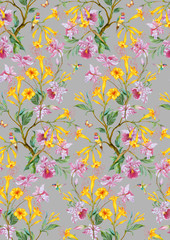 Fototapeta na wymiar Exotic flowers, birds and butterflies. Seamless background pattern version 5