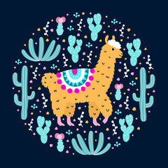 Ornamental design pattern. Cute hand drawn lama on the floral cactus background. Animalistic childish print for textile, paper, kids clothes and bed linen. EPS 10 vector colorful illustration