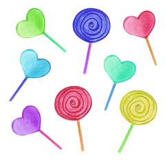 Watercolor illustration with lollipops. Multi-colored lollipops on a white background. Greeting card for Valentine's day. The 14th of February.  Declaration of love.