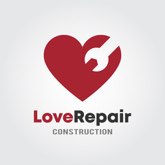 Love Repair Logo Template with heart and wrench design concept for Garage, Repair shop or Construction shop.