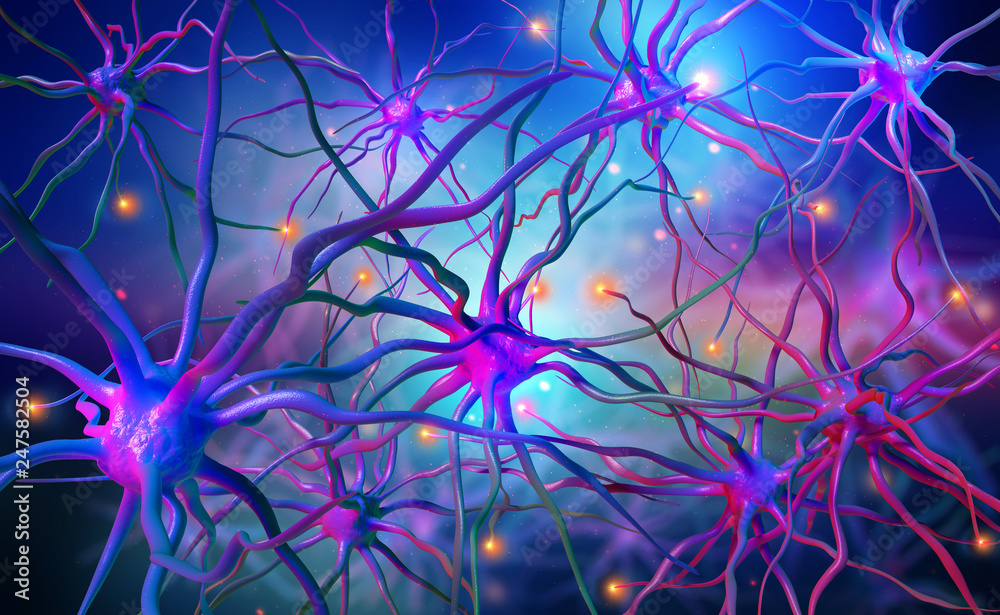 Poster Neural networks of the human brain. 3d illustration of abstract nerve centers. Electrical impulses in brain. Bright full color