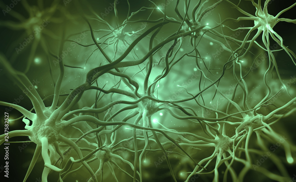 Poster neural networks of the human brain. 3d illustration of abstract nerve centers. electrical impulses i