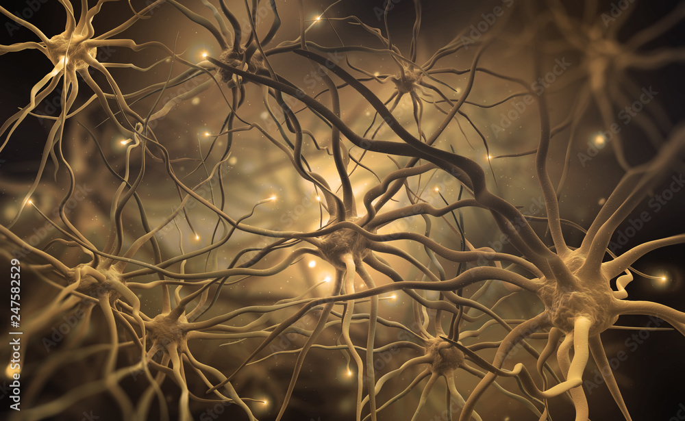 Poster neural networks of the human brain. 3d illustration of abstract nerve centers. electrical impulses i