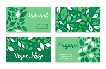 Green visit cards with salad leaves pattern. Vegan shop, Natural, Organic hand drawn lettering text. Colourful template collection. Plant-based concept. Vector EPS 10 illustration