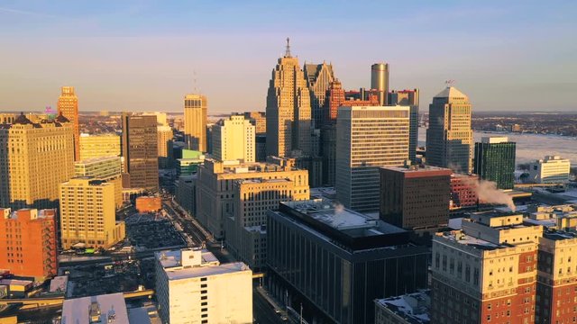 Detroit downtown aerial view Winter Panorama at Sunset