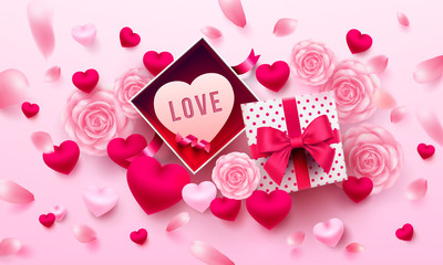 Valentine's Day Poster or banner with open gift box,sweet heart and flower on pink background.Promotion and shopping template or background for Love and Valentine's day concept.Vector EPS10