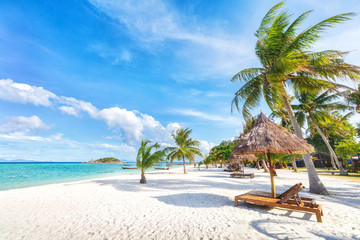 Fototapeta na wymiar Empty sunny Koh Lipe Beach with tall palms and beach bungalows